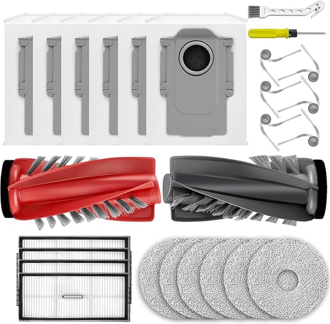 25 PCS Saros 10R Accessories Kit Compatible with Roborock Saros 10R Robot Vacuum,6 Dust Bags,1 Dual Main Brush,4 HEPA Filters,6 Mop Clothes,6 Side Brushes,1Cleaning Brush,1Screwdriver - AquaVibe