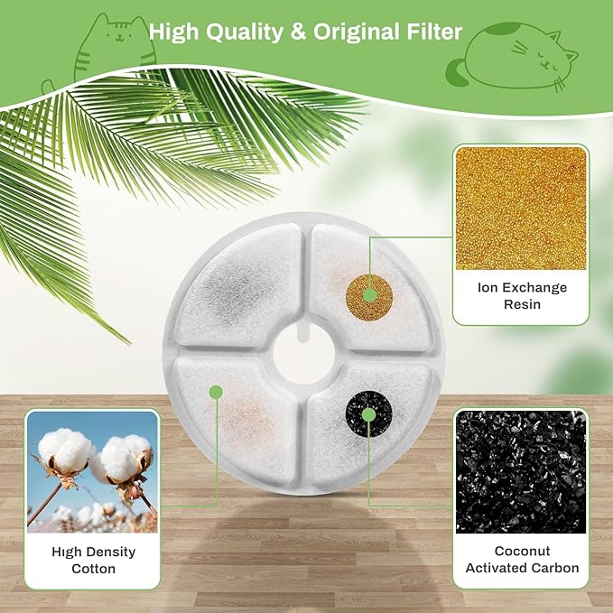 6 Pack Cat Water Fountain Filters, GISOFIK Pet Water Fountain Filters, Triple Filtration Replacement Filters for Most 3L and 2L Flower Cat Drinking Water Fountains(5.5 inch Diameter)