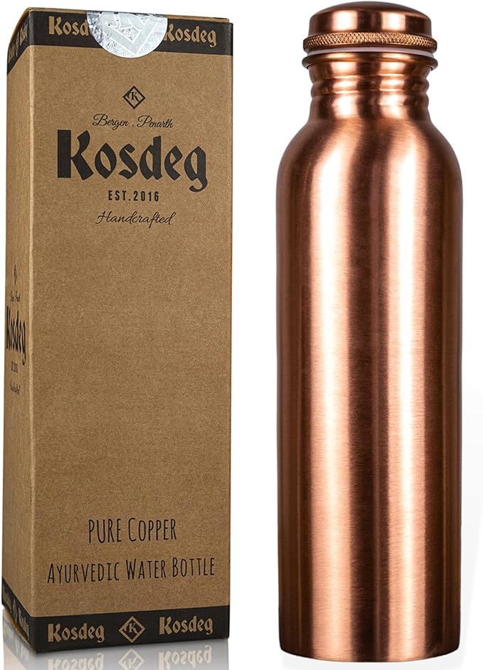 Kosdeg Copper Water Bottle - 34oz Smooth Design - A Handcrafted Ayurvedic Pure Copper Vessel For Drinking - Drink More Water, Lower Your Sugar Intake And Enjoy The Health Benefits