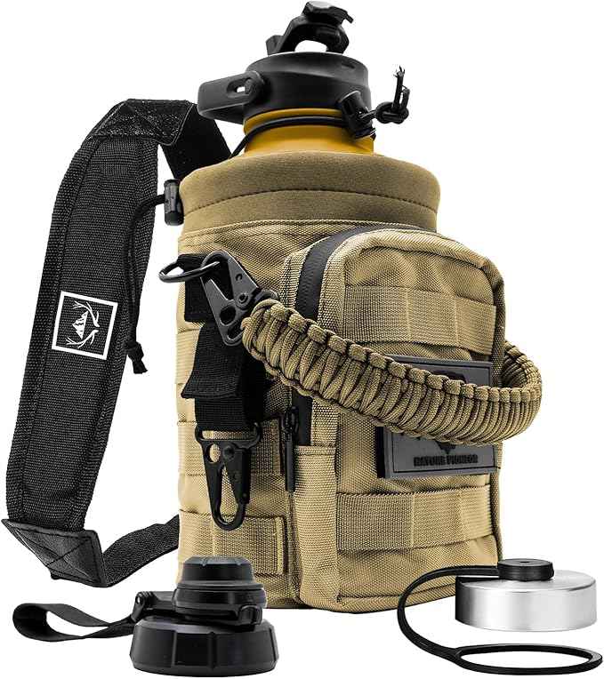 NATURE PIONEOR 64 oz Tactical Water Bottle Set, Stainless Steel Half Gallon Insulated Water Bottle with Tactical MOLLE Bottle Carrier Sleeve, for Outdoor Work, Gym, Hiking, Camping