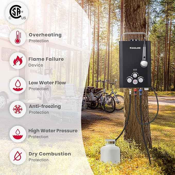GASLAND BE158B CSA Certified Portable Tankless Water Heater – Features Digital Display & Multi-Protection, 1.58 GPM Propane Hot Water for Outdoor & Mobile Use – Black