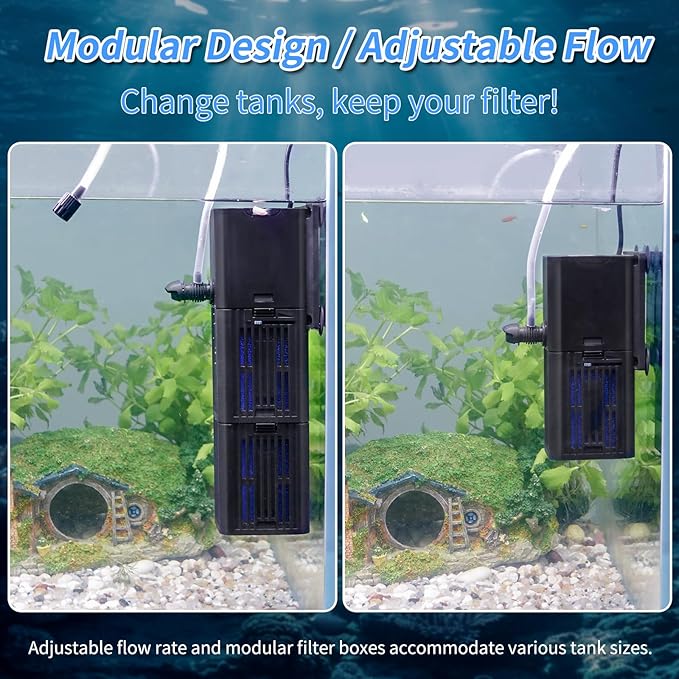 Aquarium Filter Water Flow Adjustable for 55-200 Gallon Fish Turtle Tank 400GPH Biochemical Filtration 4in1 Submersible Internal Powerful Pumps & Filters Keep Freshwater Saltwater Crystal Clear Large - AquaVibe
