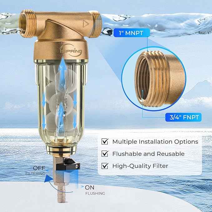 iSpring WSP-50SL Reusable Whole House Spin Down Sediment Water Filter Softener, Includes Siliphos Helps Prevent Scale and Corrosion, 1" MNPT + 3/4" FNPT, 50 Micron