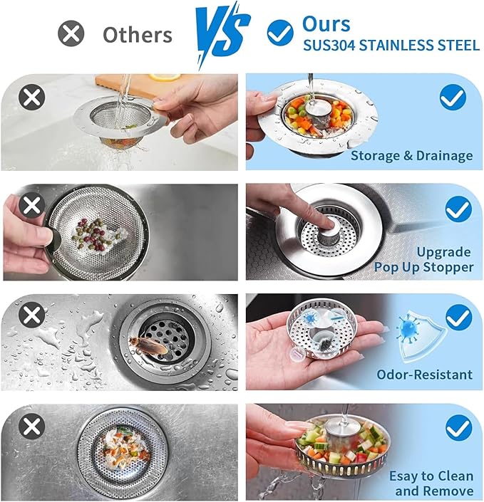 Upgraded 3-in-1 Kitchen Sink Drain Strainer Stopper 2025|Rust-Proof Strainer Basket |Universal Fit for Standard 3.5" Drains |Anti-Clog&Odor Filter |Efficient Drainage (Stainless Steel, 1 PC)