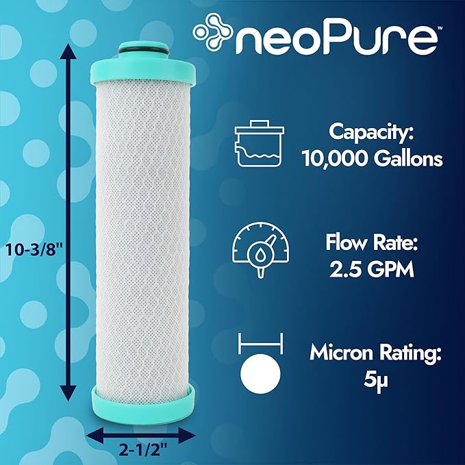 Neo-Pure RV Replacement Filter for Forest River FRE-10-GN (2.5 x 10") RV Water Filter Activated Carbon Block Push-Nipple Cartridge Replaces FRE-10-BN(2PK)