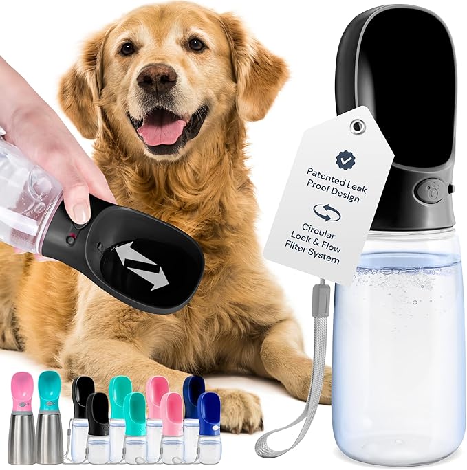 MalsiPree Dog Water Bottle - 19 Oz, Black, BPA-Free Stainless Steel - Portable & Lightweight Water Dispenser with Bowl for Dogs - Leak-Proof & No-Waste Design for Travel - AquaVibe