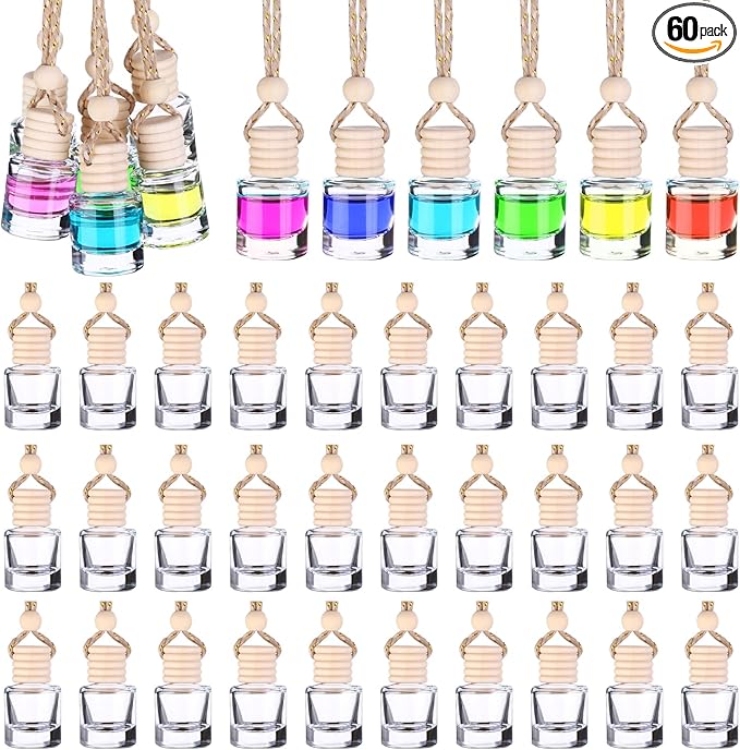60 Pcs Hanging Car Air Freshener Car Diffuser Bottle Empty Glass Perfume Air Freshener Diffuser Bottle Pendant for Essential Oils Fragrance Aromatherapy Ornament Decor (Cylinder Style)