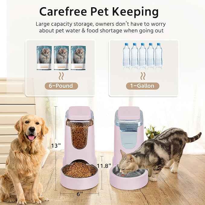 2 Pack Automatic Cat Feeder and Stainless Steel Water Dispenser, Gravity Dog Waterer Set Food Feeder and Waterer Set for Small Medium Kitten Puppy Pets(1 Gallon x 2, Violet)