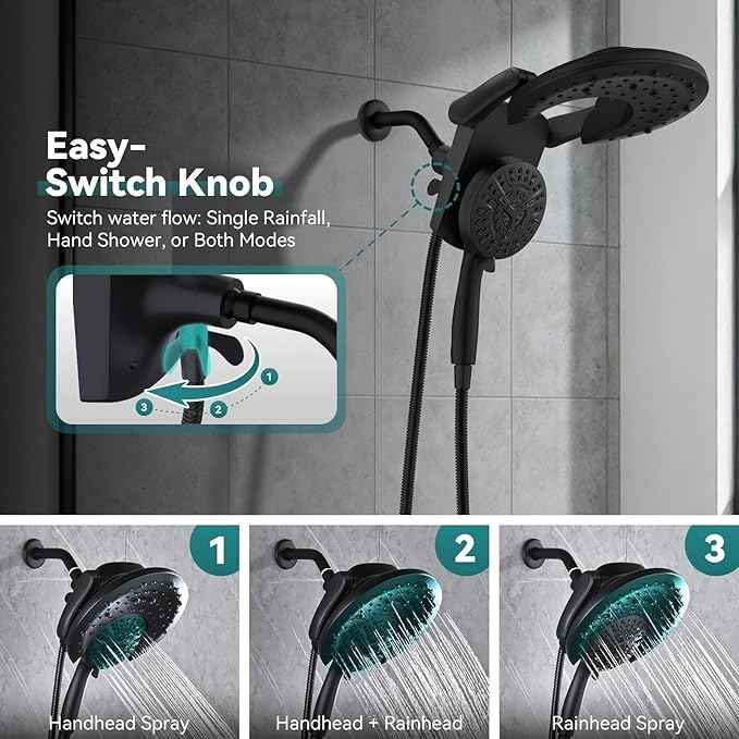 Rain Shower Head with Handheld: Foldable High Pressure Shower Heads with Handheld Spray Combo, 9 Spray Settings/Modes Hand Held Showerhead Dual Rainfall Shower Head Built-in Magnetic Docking and Jets