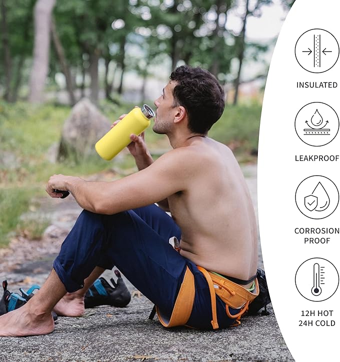 Bambaw 16 oz Insulated Water Bottle, Double Wall Stainless Steel Water Bottle with Handle, Made of High-Grade Stainless Steel, Slim, Lightweight & Easy to Carry (Yellow Beam)