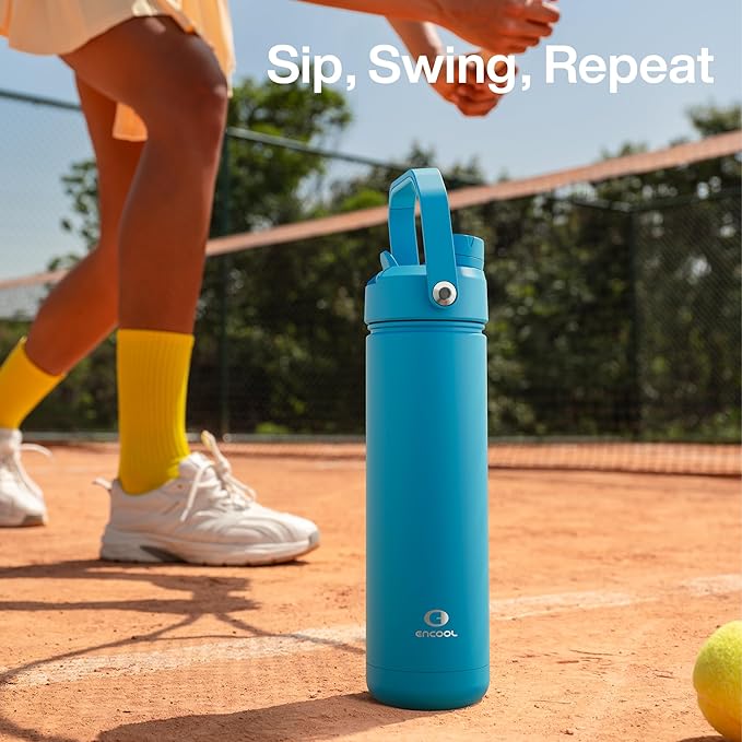 ENCOOL Insulated Water Bottle with Straw Stainless Steel Water Bottle, Leak-Proof, BPA-Free, Double Wall Vacuum Keeps Cold for 24 Hours for Sports, Travel, School (18 oz, Azure Blue)