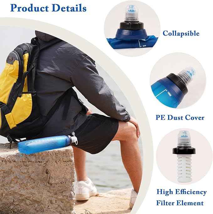 Portable 1.0L Water Fiter, Outdoor Water Filter Backpacking, Collapsible Hiking Water Filter, Water Filter Camping，Water Backpack For Travrling（Blue）