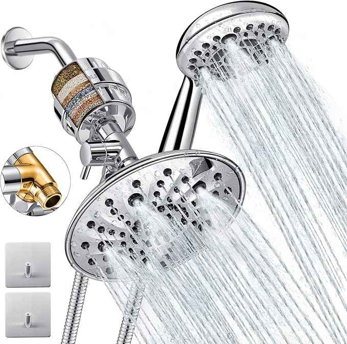 Dual Filtered Shower Head Showerhead 79" Hose Handheld Sprayer Combo, Filtration Rain Rainfall, 20 Stage Water Filter for Chlorine Well Hair Dry Skin, Metal Diverter, Chrome, (DSFC04, round, 8")