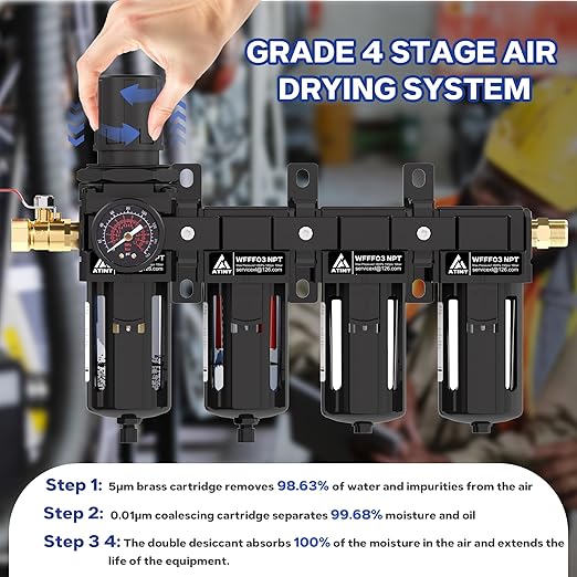 3/8'' NPT 4 Stage Air Drying System,5μ Brass Filter&0.01μ Coalescing Filter,Double Desiccant Dryers & Air Regulator,Metal Bowl,Semi-Auto Drain,for Paint Spray＆ Plasma Cutter(Black) - AquaVibe