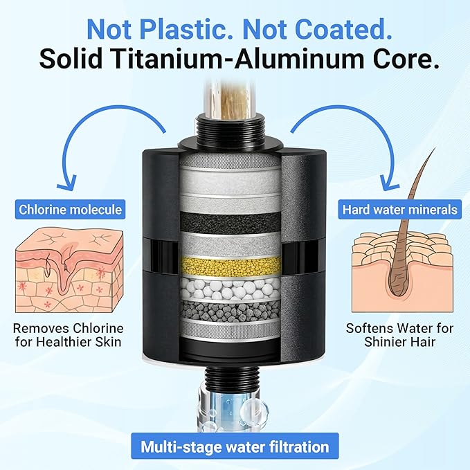ADX-PRO-7 Long Lasting Titanium Aluminum Shower Filter – Independently Tested to NSF/ANSI 177 Standards, Reduces 99% Chlorine & Heavy Metals, Water Softener Filter Black (1 Filter & Tool Kit)