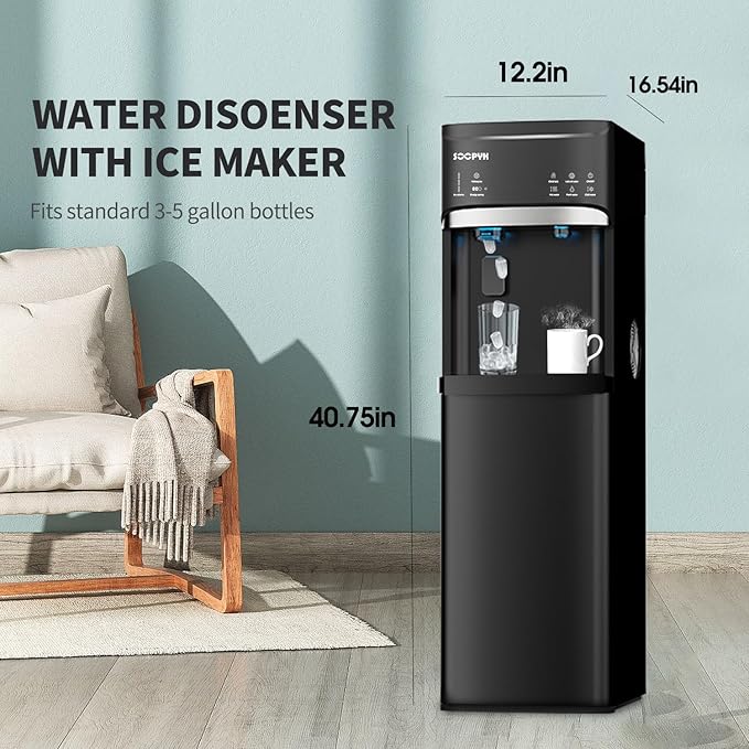 Self Clean Water Cooler Dispenser and Ice Maker Bottom Load for 5 Gallon Ice 22lbs Daily Capacity 3 Temperature Settings Full Alert Night Light Black