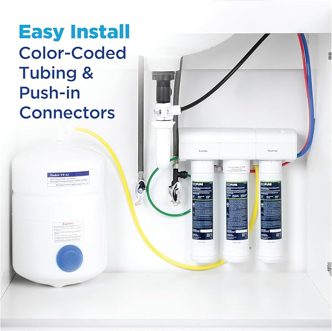 EcoPure ECOP30 Premium Reverse Osmosis System – Under Sink Drinking Water Filter System – NSF-Certified – Reduces Lead, Chlorine, and TDS –Bottled-Quality Water – Easy Filter Changes