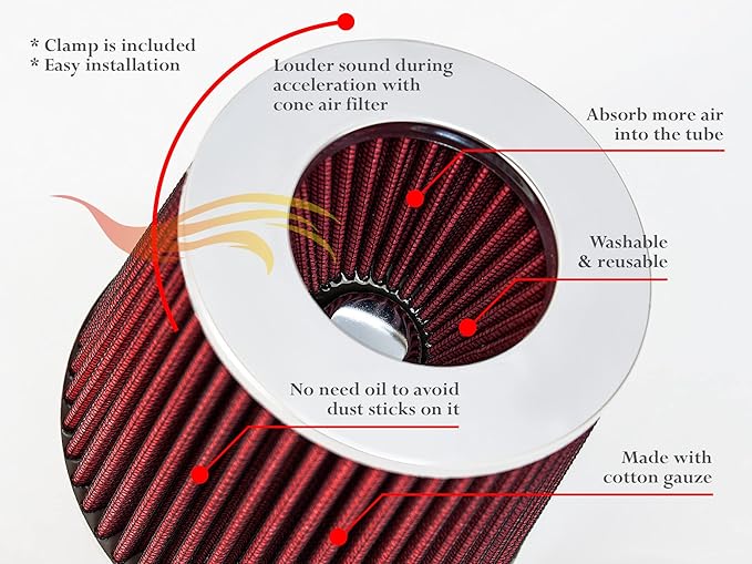 RED 6" 152 mm Inlet Truck Cold Air Cone Replacement Performance Washable Clamp-On Dry Air Filter (8" Tall)