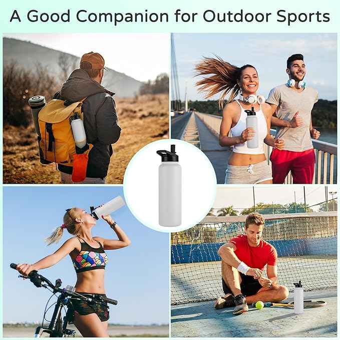 DOMICARE 40 oz Insulated Water Bottle Bulk, Vacuum Insulated Stainless Steel Sports Water Bottle with Straw Lid & Spout Lid, Leakproof, Reusable - Travel, Camping, Bike, White (4 Pack)