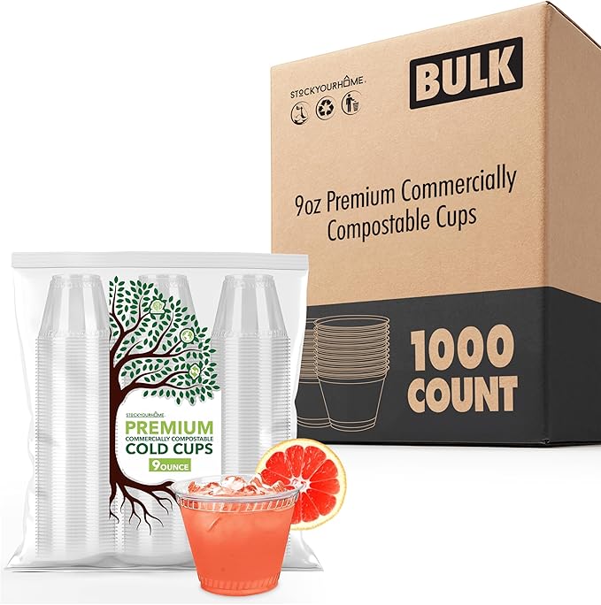 Stock Your Home 9 oz Premium Commercially Compostable Cold Cups 1000 Pack, Eco Friendly Disposable Cups for Water Wine Beer Samples