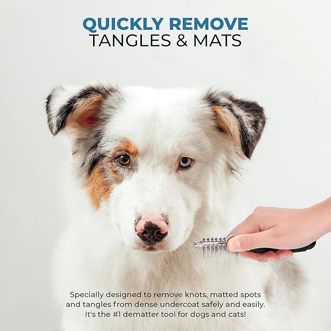 Poodle Dematting Fur Rake Comb Brush for Dogs and Cats - Long 2.5" Steel Safety Blades Metal Comb for Detangling Matted or Knotted Undercoat Hair - AquaVibe