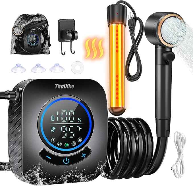 Upgraded Portable Shower with Heater, 1500W Immersion Heated, 8000mAh Rechargeable Camping Shower Pump with LED Display, IPX8 Waterproof Lightweight Outdoor Shower Pump Kit for Hiking