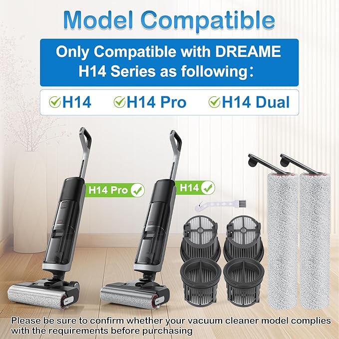 Roller Brush and Filter Replacement Compatible with Dreame H14, H14 Pro Vacuum Cleaner, Replaces Part Include 2 Rollers and 4 Hepa Filters - AquaVibe