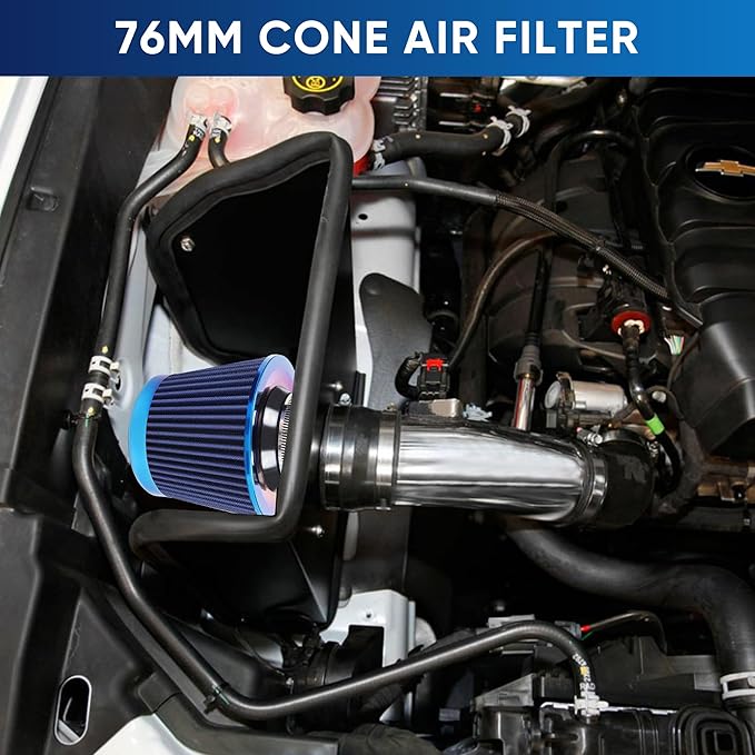 Universal Cold Air Intake Filter Clamp-On Replacement Air Filter Flange Diameter 3 inches/76mm High Performance Washable Filter Blue