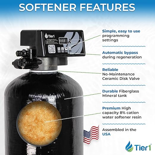 Tier1 Whole House Water Softener System 64,000 Grain High Efficiency | Pre-Filled Mineral Tank with 2 Cubic feet of Cation Resin | Home Water Filtration System | Everyday Water Softener