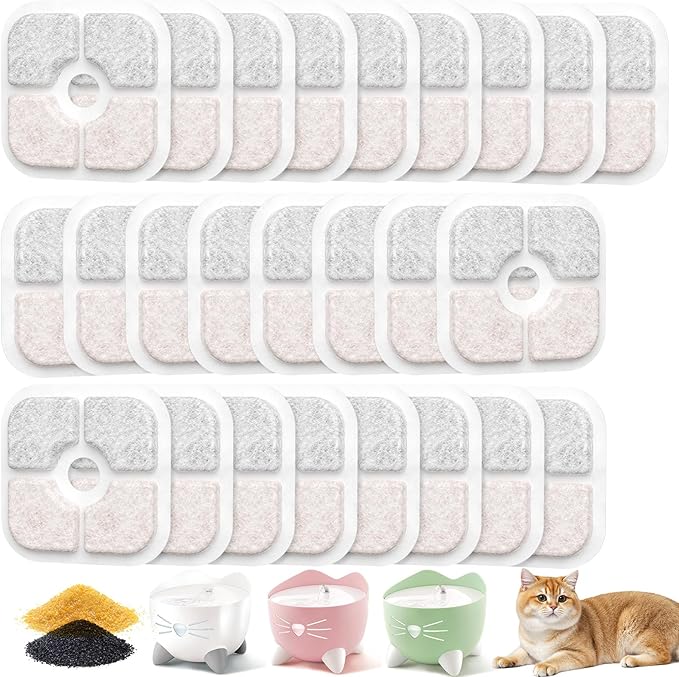25 Pack Cat Fountain Filter Compatible With Catit PIXI Drinking Fountain, Replacement Triple Action Water Filter with Ion-exchange Resin & Activated Carbon, White