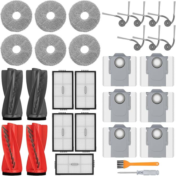 28 Pack Replacement Parts Compatible with Roborock Saros10R Robot Vacuum Cleaner,Parts Include:2 Dual Main Brush,7 Side Brush,5 HEPA Filter,6 Mop Cloth,6 Dust Bag,1 Cleaning Tool&1 Screwdrive - AquaVibe