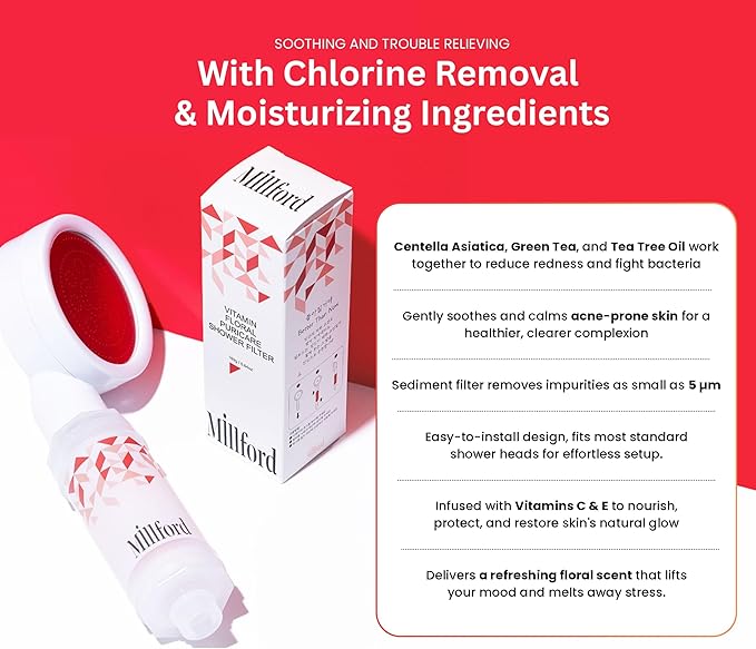 Vitamin C Shower Filter - Korean Acne Care Filter for Redness Relief, Removes 99% Chlorine & Impurities, Natural Shower Infuser Detox, Deep Cleanse for Face & Body Breakouts (Floral)