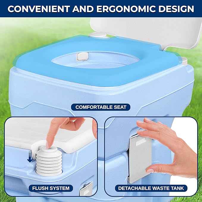 SereneLife 5.2 Gal Portable Camping Toilet For Adults, 100+ Flushes Porta Potty Camp Toilet with Detachable Waste Tank, 120+ Flushes, Hand Sprayer, Carry Bag for Camping, Hiking, and Boating