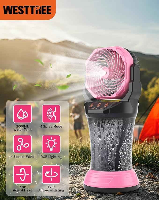 Portable Misting Fan with Large Battery Fan-Rechargeable Outdoor Misting Cooling Fans with 2L Water Tank,RGB Lights,4 Speeds & Spray Modes-for Patio, Camping, Beach, Workshop (Pink)