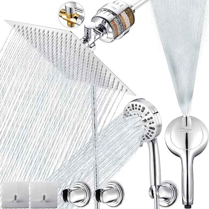 10" Dual Filtered Shower Head Showerhead Handheld Sprayer 20 Stage Water Filter Diverter 79" Hose Combo, Filtration Fixed Rain Rainfall, for Chlorine Well Water Hair Dry Skin, DSFC02 (square, 10")