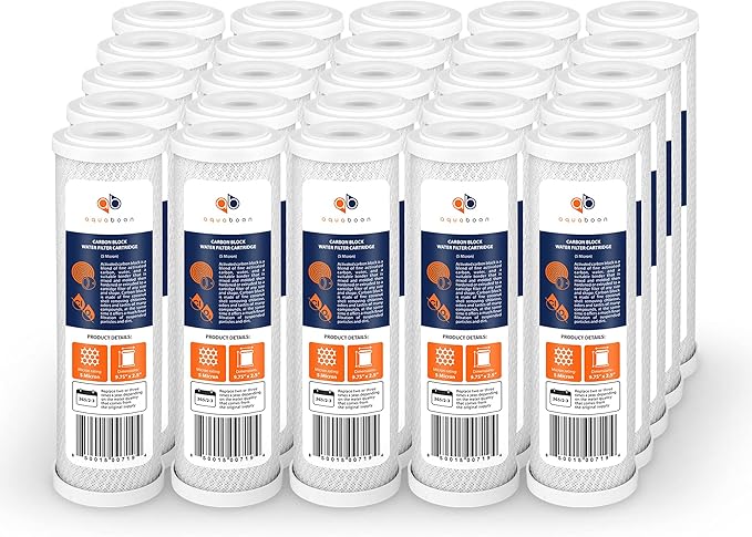 Aquaboon 5 Micron 10 x 2.5 Carbon Block Water Filter Cartridge CTO Whole House Water Filter Replacement Compatible with WHKF-WHWC, FXWTC, 25-PACK