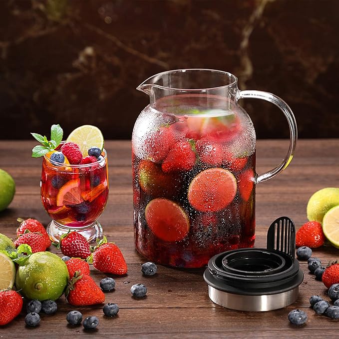 Glass Water Pitcher, Fruit Infuser Pitcher with Removable Lid, High Heat Resistance Infusion Carafe for Hot/Cold Water, Flavor-Infused Beverage & Iced Tea - 2 Qt