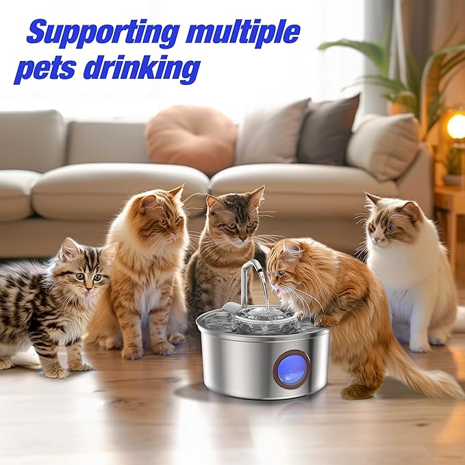 Cat Water Fountain,108oz/3.2L Stainless Steel Cat Fountain and Removable Water Bowl,Pet Fountain with Water Level Window,Quiet Pump,Multi-Filter, Water Tap, Provides Flowing,for Dog Cats