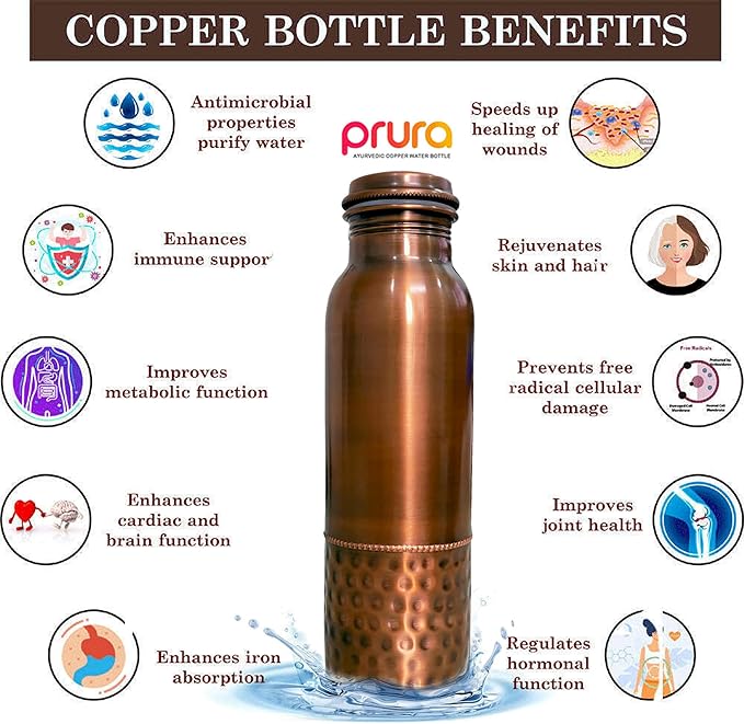 Hammered Curved Copper Water Bottle 32 oz - Seamless Leak Proof Joint Less Water Bottle for Ayurvedic Benefits