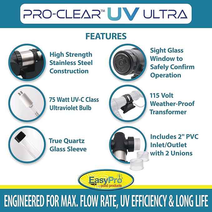 EasyPro PCU75W PRO-Clear UV Ultra Stainless Steel UV Clarifier / 75 Watt/Max. Flow Rate: 4800 GPH/Max. Pond: 10,000 Gallons