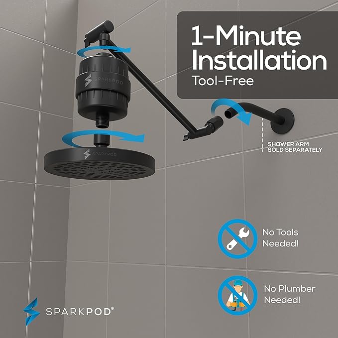 SparkPod 6" High Pressure Rain Shower Head with 23 Stage Filter Capsule & 11 Inch Adjustable Shower Arm Extension - Shower Filter Reduces Chlorine for Smoother Hair & Skin (Round, Black Matte)