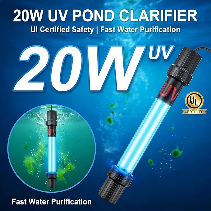 Qualirey 20W UV Pond Clarifier for 100-1000 Gallon Aquarium, Koi Pond, Pool, Spa, 13.4" UV Light for Aquarium Algae Control & Clear Water, Upgrad Quartz Glass Tube, 55inch Power Cord, Indoor Outdoor