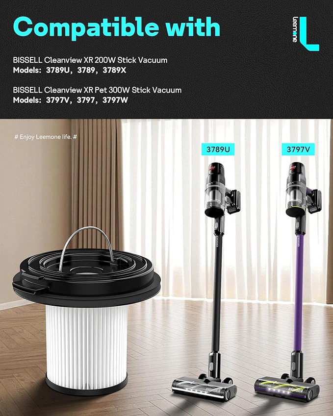 Leemone Filter Replacements for Bissell CleanView XR 200W / CleanView XR Pet 300W / Powerlifter Turbo Cordless Stick Vacuum Cleaner 3789, 3789U, 3789X, 3797, 3797V, 3797W, Part 1638010, 4 Pack - AquaVibe