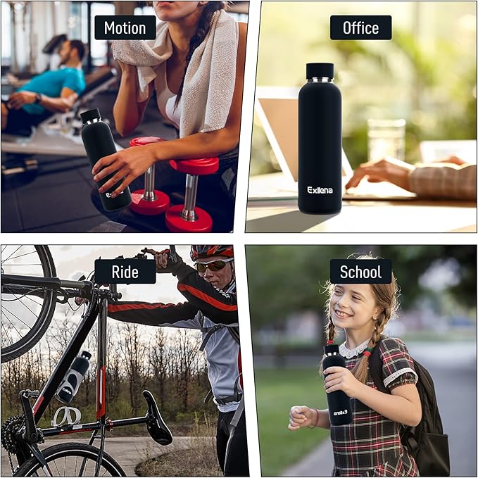 Exllena Slim Insulated Water Bottles for Travel 18oz with Clip, Double Wall Vacuum Stainless Steel Water Bottle Keeps Drinks Cold 24 Hrs/Hot 12 Hrs, 100% Leakproof, BPA Free(Black)