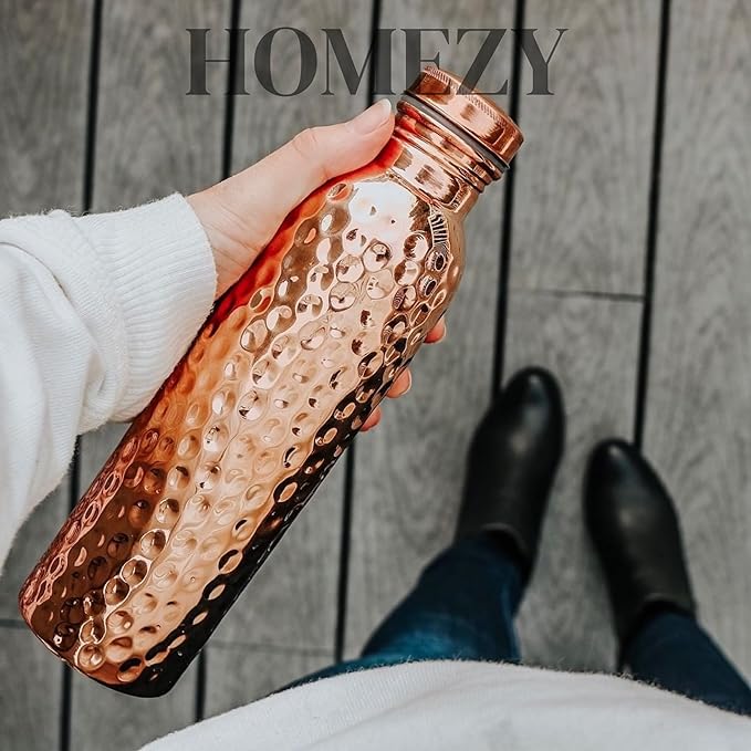 Copper Water Bottle (34oz/1000ml) 100% Pure Handmade Hammered Ayurvedic Pure Copper Vessel for Drinking Heavy Duty & Leak-proof