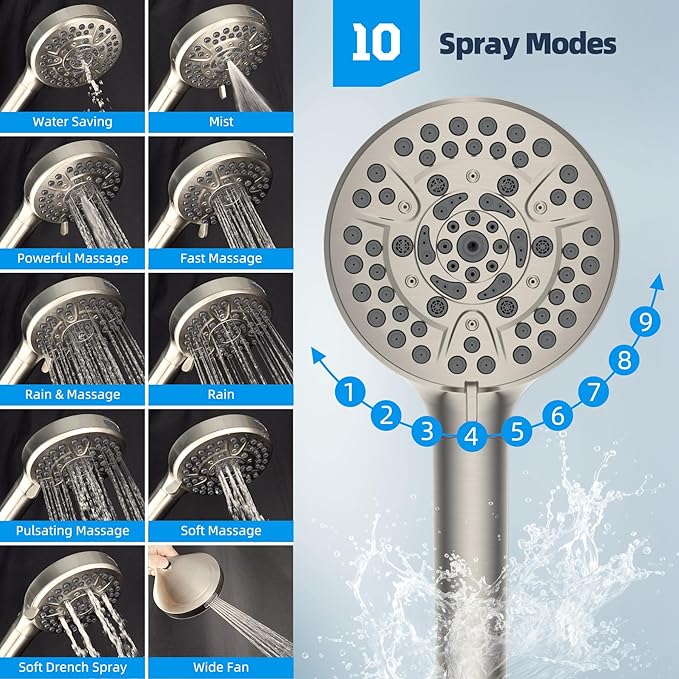 Hibbent All Metal Shower Head, 10'' High Pressure Rainfall Shower Head/Handheld Showerhead Combo/ 12'' Adjustable Curved Shower Extension Arm, 10-Spray, 71'' Adhesive Showerhead Holder, Brushed Nickel