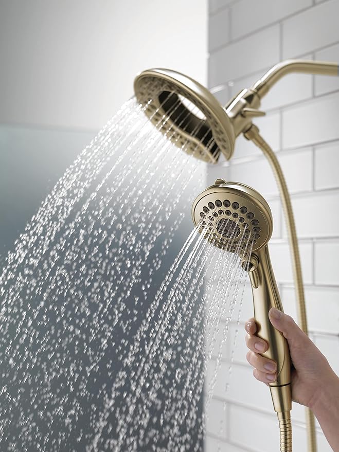 Delta 5-Setting In2ition 2-in-1 Dual Shower Head with HandHeld Spray, Brushed Gold Detachable Shower Head with Hose, Showerhead, 2.5 GPM Flow Rate, Lumicoat Champagne Bronze 58569-CZ-PR25-PK