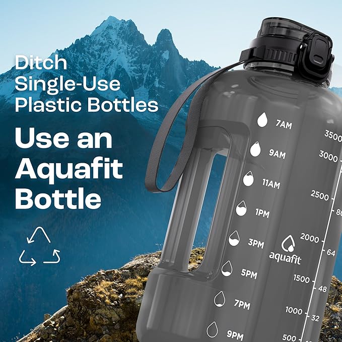 AQUAFIT 1 Gallon Water Bottle with Time Marker - Straw & Chug Lid - BPA Free Gym Water Bottle with Straw - Big Gallon Jug (Gray, 128 oz - 2in1 Lid)