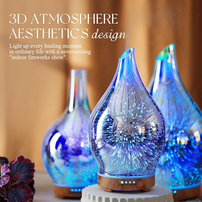 Porseme Oil Diffuser 3D Glass Aromatherapy Ultrasonic Humidifier, Air Refresh Auto Shut-Off, Timer Setting, BPA Free for Home Hotel Yoga Leisure SPA Gift 150ml Last 6H