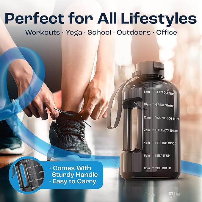 AQUAFIT Half Gallon Water Bottle with Time Marker - Straw & Chug Lid - BPA Free Gym Water Bottle with Straw - Big Gallon Jug (Gray, 64 oz - 2 Lids)